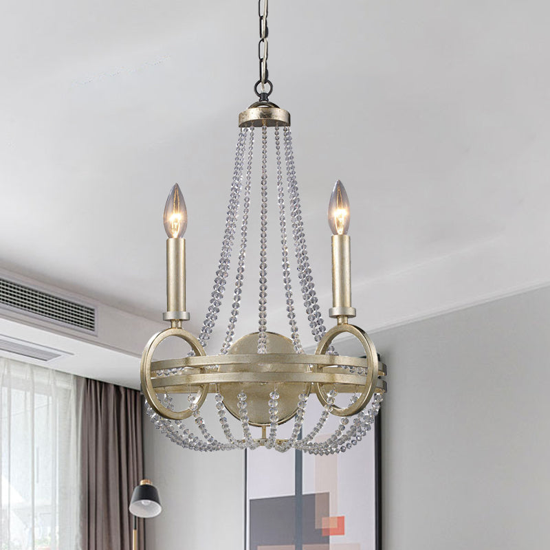 Silver Basket Pendant Chandelier Rustic Crystal Strand 2 Bulbs Living Room Ceiling Hang Fixture with Candle Design