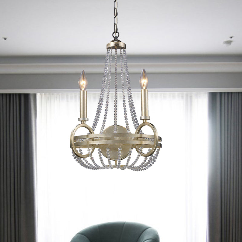 Silver Basket Pendant Chandelier Rustic Crystal Strand 2 Bulbs Living Room Ceiling Hang Fixture with Candle Design