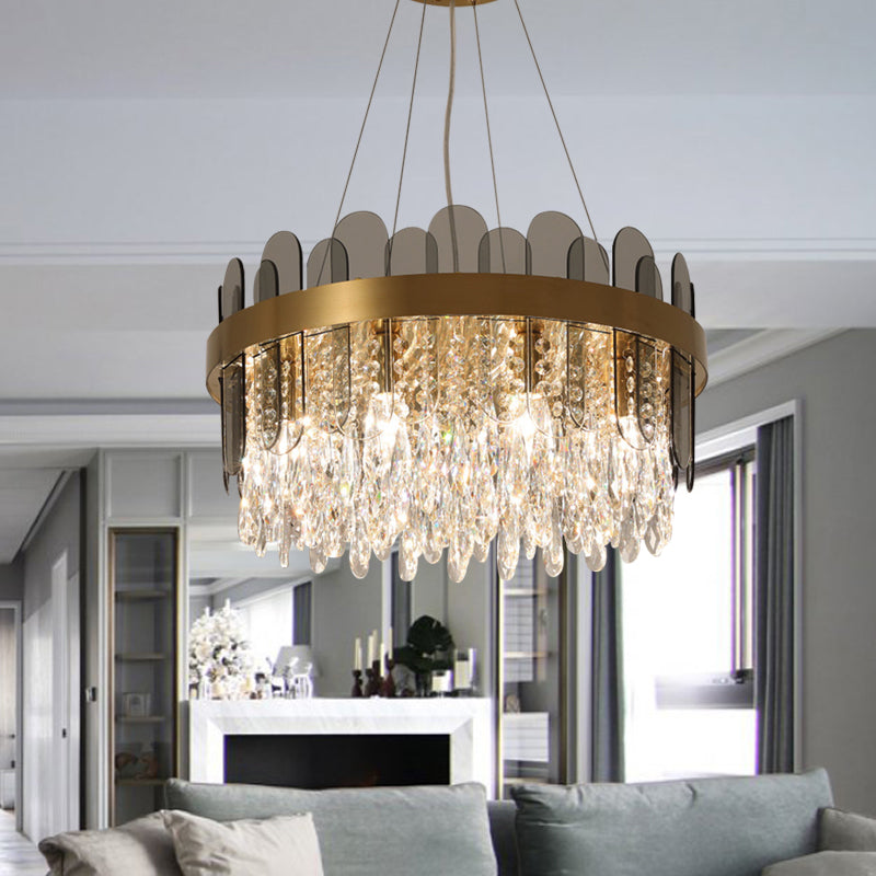 Drum Dining Room Ceiling Chandelier Retro Crystal 8/12 Lights Gold Finish Pendant Light Fixture with Oval Panel Deco
