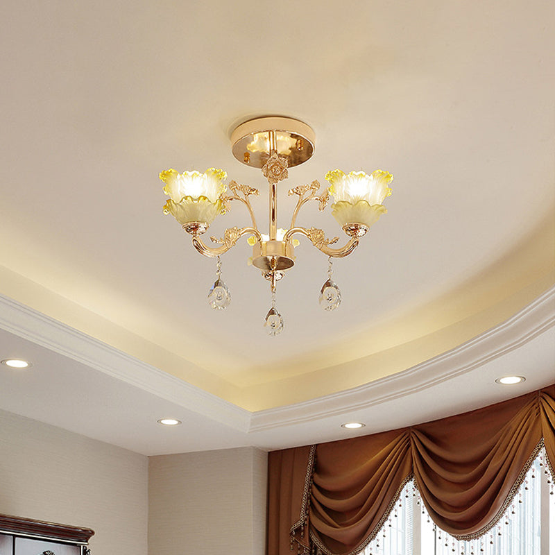 3-Light Semi Flush Mount Light Classic Dining Room Ceiling Lighting with Lotus Crystal Shade in Gold
