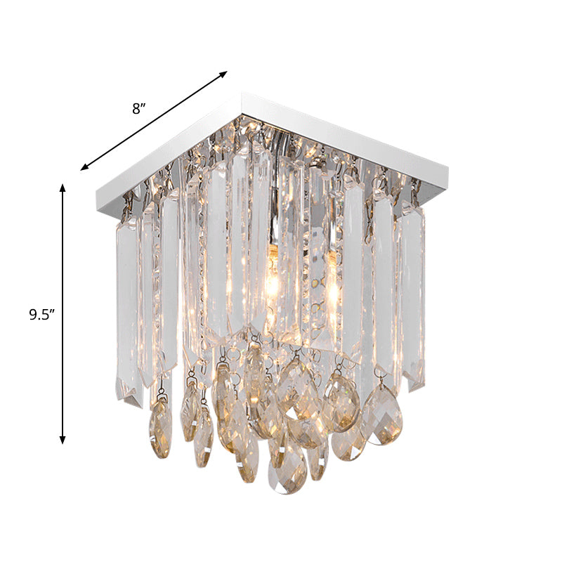 Chrome Square Ceiling Mount Modern Style Crystal Drop 1/2-Light Bedroom Flush Light, 8"/12" Wide