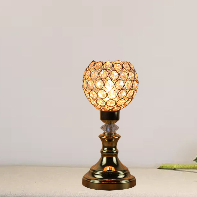 Single Octagon Crystal Bead Night Light Rustic Gold Domed Living Room Table Lighting