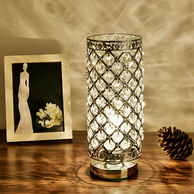 Crystal Polished Silver Table Lamp Trellis Cylindrical Single Bulb Modern Stylish Nightstand Light