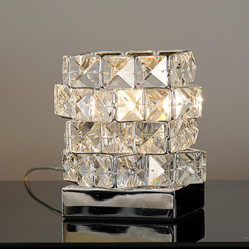Crystal Rubik Cube Mini Table Lamp Simple Single Bedroom Nightstand Light in Silver/Gold