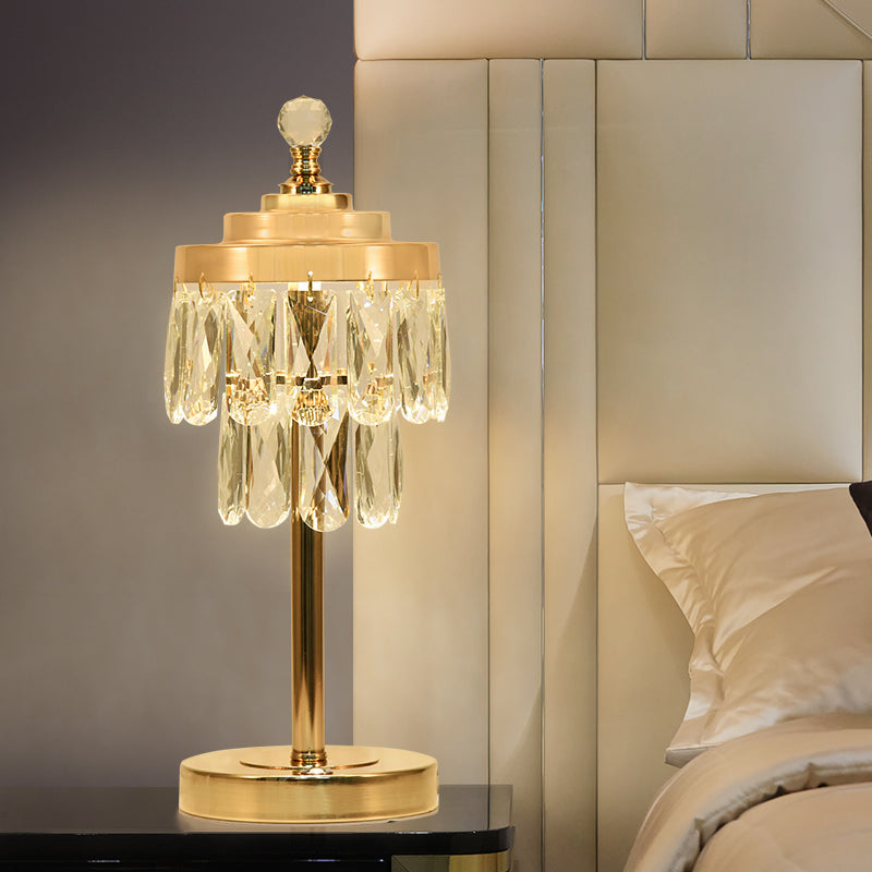 Gold LED Table Light Vintage Beveled Crystal Prism 2 Tiers Night Stand Lamp for Bedroom