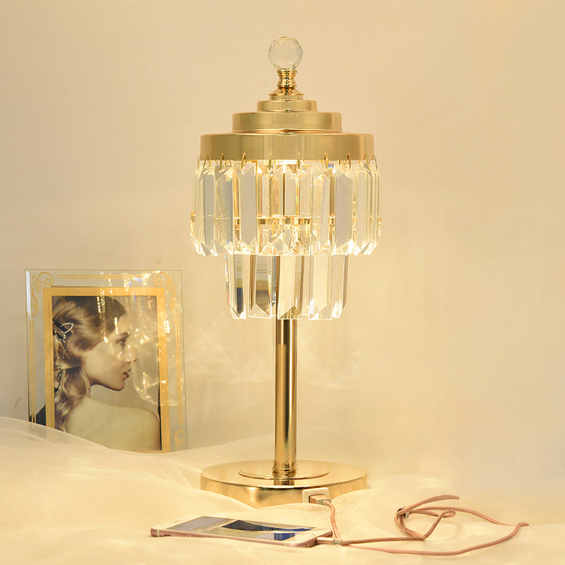 Gold LED Table Light Vintage Beveled Crystal Prism 2 Tiers Night Stand Lamp for Bedroom