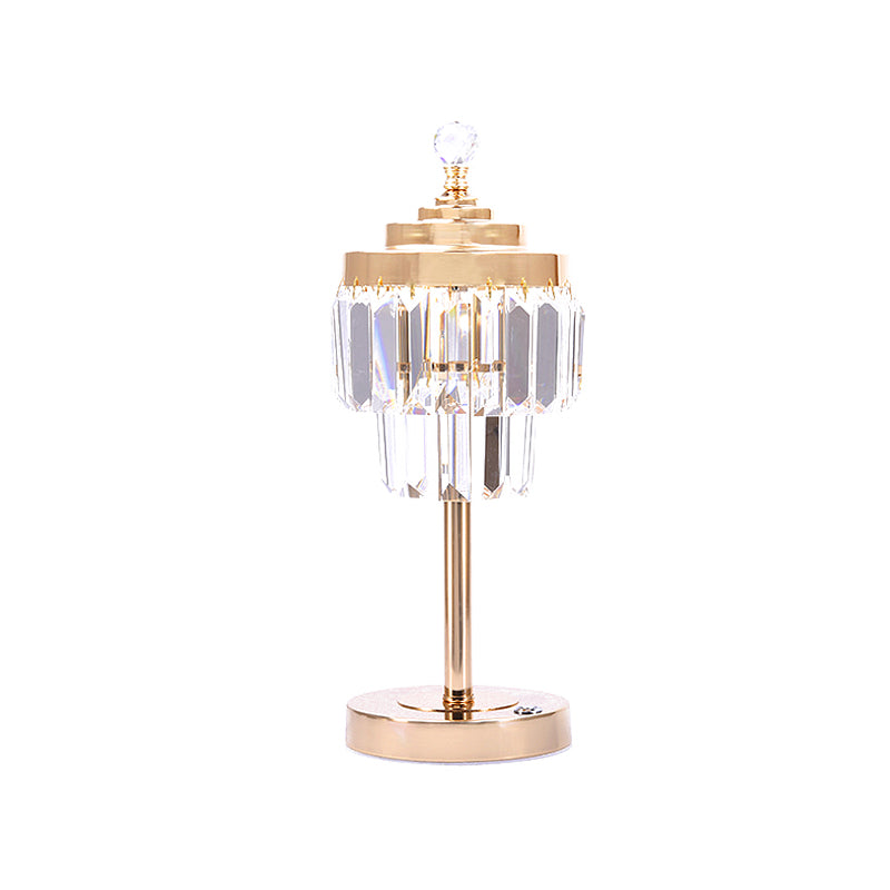 Gold LED Table Light Vintage Beveled Crystal Prism 2 Tiers Night Stand Lamp for Bedroom