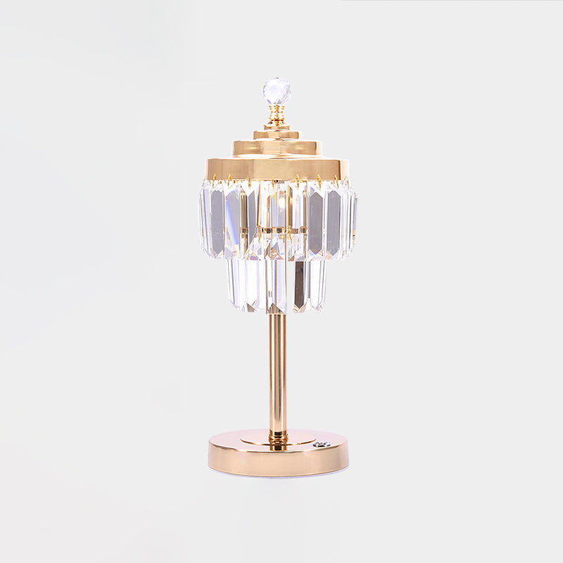 Gold LED Table Light Vintage Beveled Crystal Prism 2 Tiers Night Stand Lamp for Bedroom