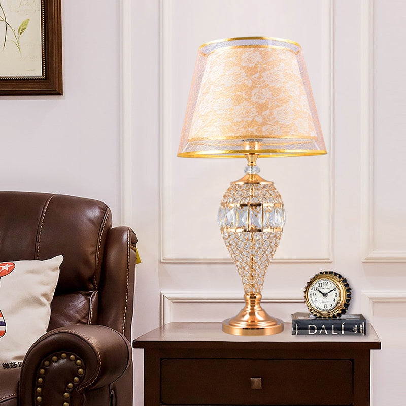 Teardrop Living Room Table Lighting Traditional Crystal 1-Light Gold Night Lamp with 2-Layer Patterned Fabric Shade