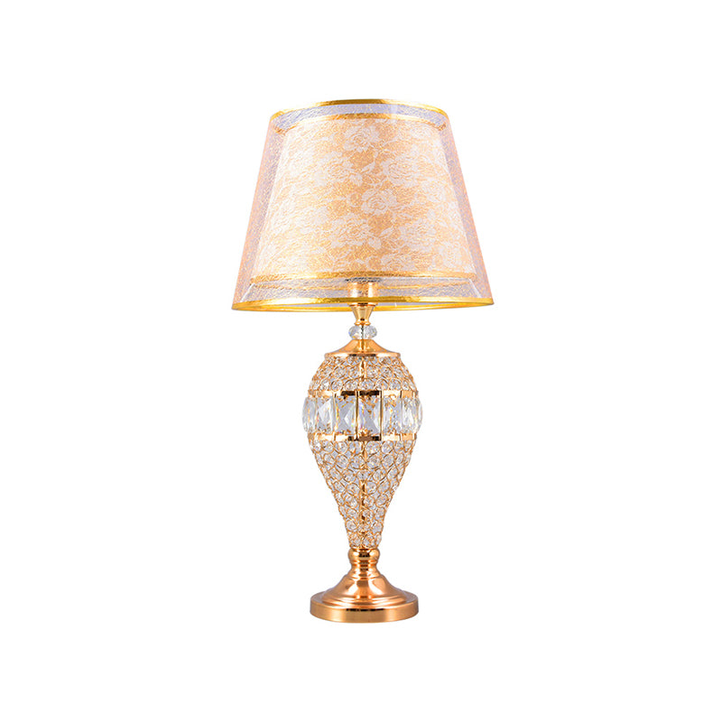 Teardrop Living Room Table Lighting Traditional Crystal 1-Light Gold Night Lamp with 2-Layer Patterned Fabric Shade