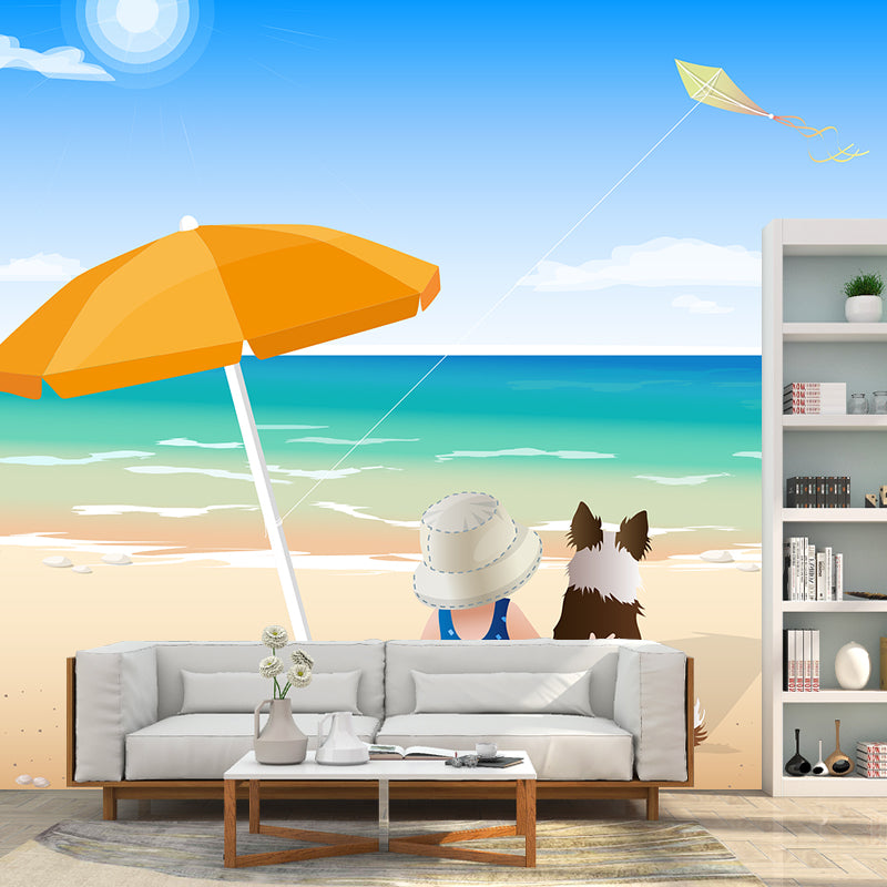 Cartoon Seaside Beach Pattern Mural Horizontal Version Moisture Resistant for Wall Decoration