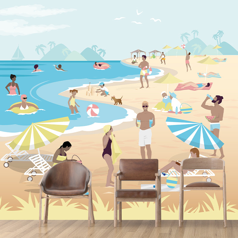 Cartoon Seaside Beach Pattern Mural Horizontal Version Moisture Resistant for Wall Decoration