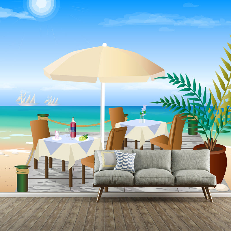 Cartoon Seaside Beach Pattern Mural Horizontal Version Moisture Resistant for Wall Decoration