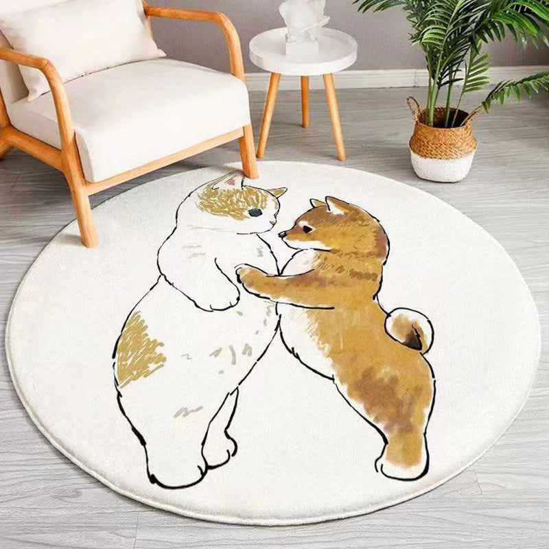 Non-Slip Backing Round Polyster Cartoon Animal Print Contemporary Carpet