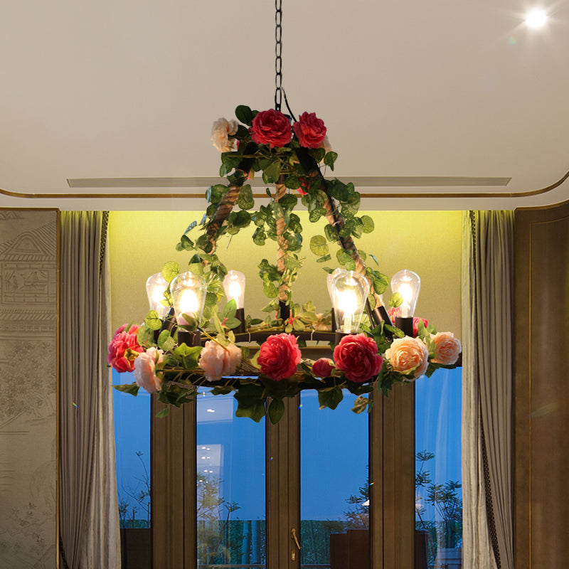 6 Lights Exposed Bulb Chandelier Lamp Loft Style Black Metal Pendant Light Kit with Ring and Artificial Petal Deco