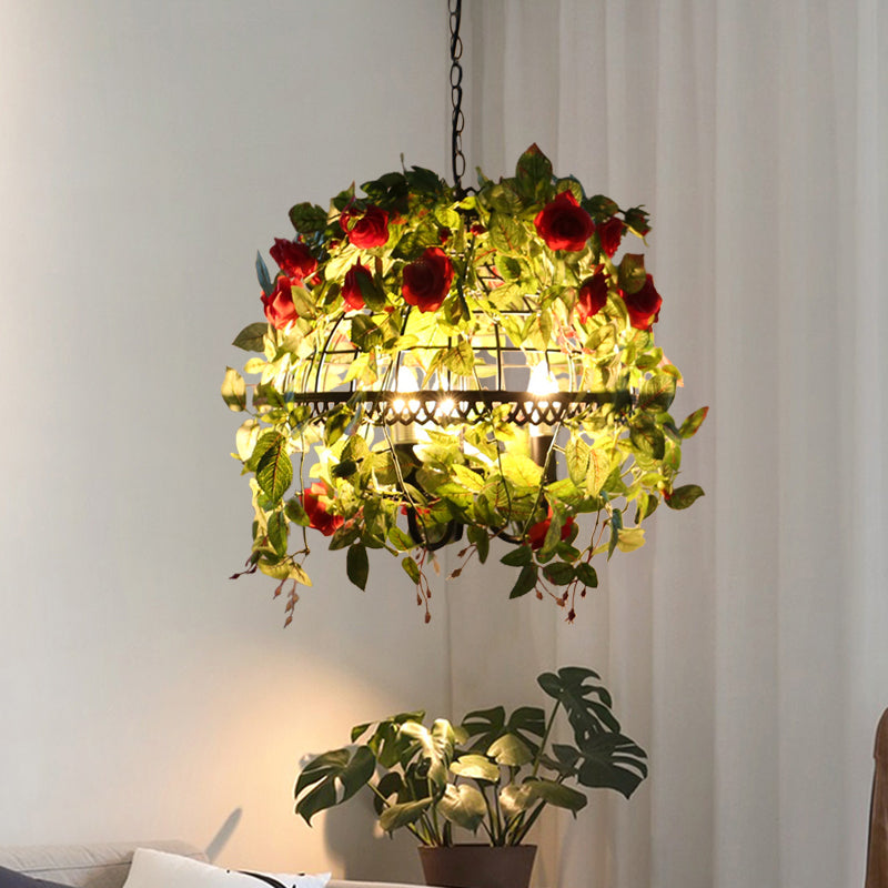 Dome Cage Dining Room Chandelier Factory Metal 3-Light Red/Pink Drop Pendant with Fake Blossom Deco