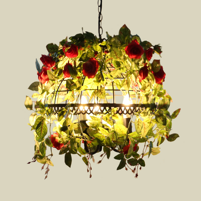 Dome Cage Dining Room Chandelier Factory Metal 3-Light Red/Pink Drop Pendant with Fake Blossom Deco