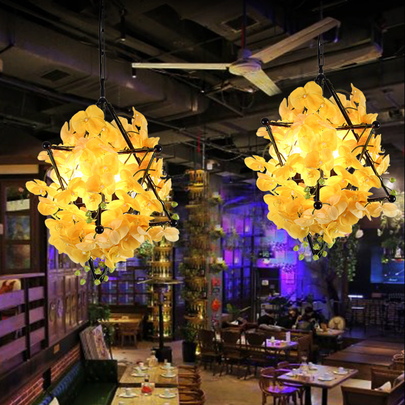 Metal Star Frame Chandelier Lamp Retro Style 4 Lights Restaurant Suspension Pendant with Yellow/Rose Red Floral