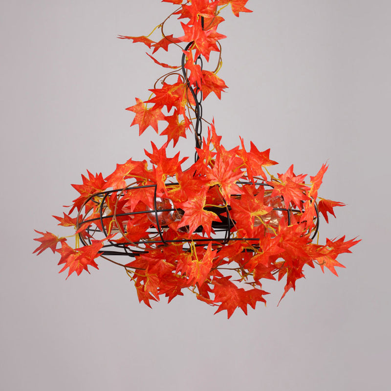 5 Lights Ceiling Chandelier Farmhouse Fan Cage Iron Drop Pendant with Orange and Red Maple Leaf/Red Rose Deco