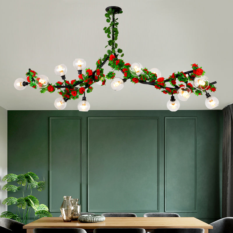 Sputnik Esszimmer Halbmontage Beleuchtung Loft Metal 15 Köpfe grüne Deckenmontage mit rot/rosa Blumenrebe