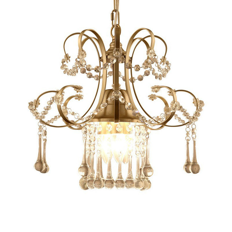 Gold 3 Lights Ceiling Chandelier Contemporary Metal Scrolling Pendulum Lamp with Crystal Accent