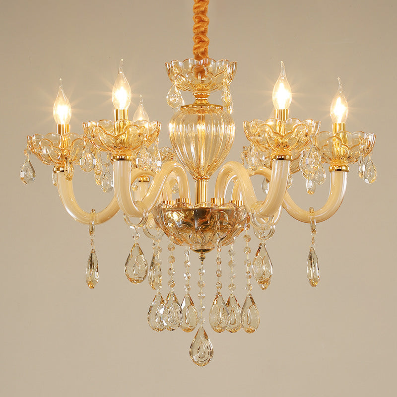 6-Light Candelabra Chandelier Lighting Contemporary Gold Finish Crystal Glass Pendulum Lamp