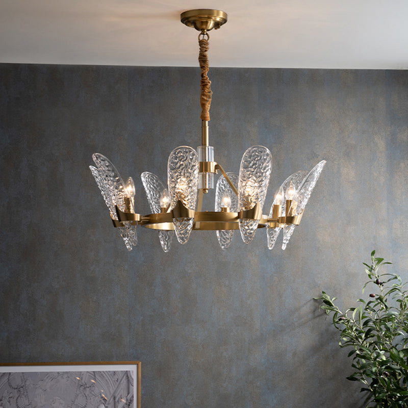 Brass 8/10-Bulb Suspension Light Minimal Clear Crystal Glass Arc Panel Chandelier Pendant Lamp