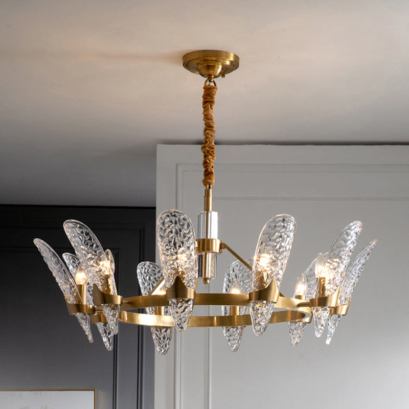 Brass 8/10-Bulb Suspension Light Minimal Clear Crystal Glass Arc Panel Chandelier Pendant Lamp