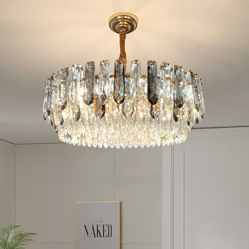 9 Heads Grey Crystal Block Chandelier Modern Gold Round Living Room Ceiling Hang Fixture