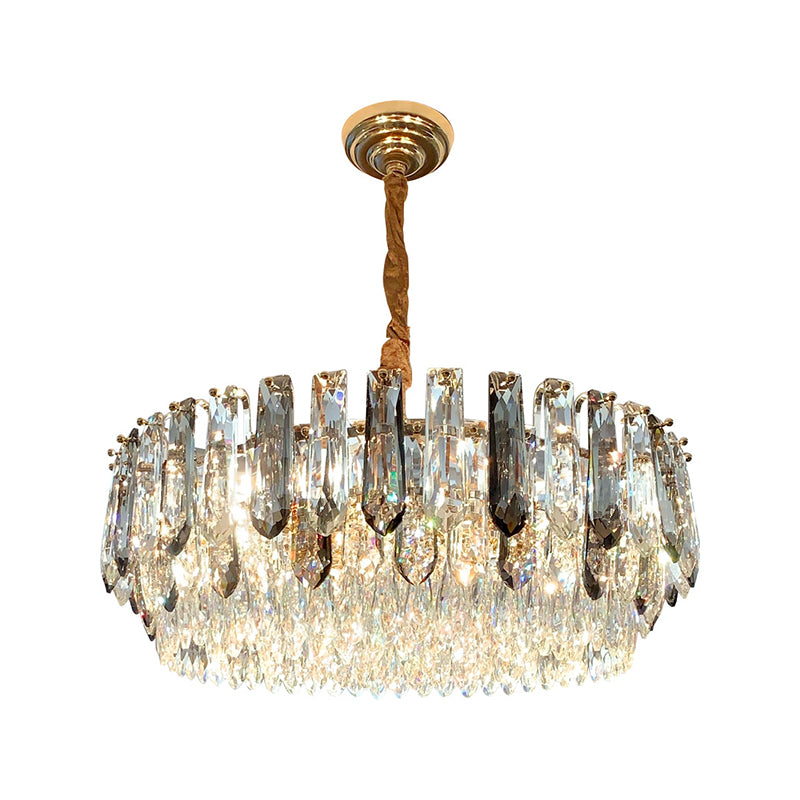 9 Heads Grey Crystal Block Chandelier Modern Gold Round Living Room Ceiling Hang Fixture