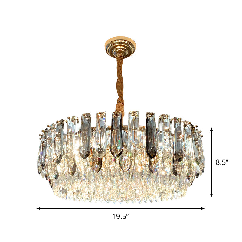 9 Heads Grey Crystal Block Chandelier Modern Gold Round Living Room Ceiling Hang Fixture