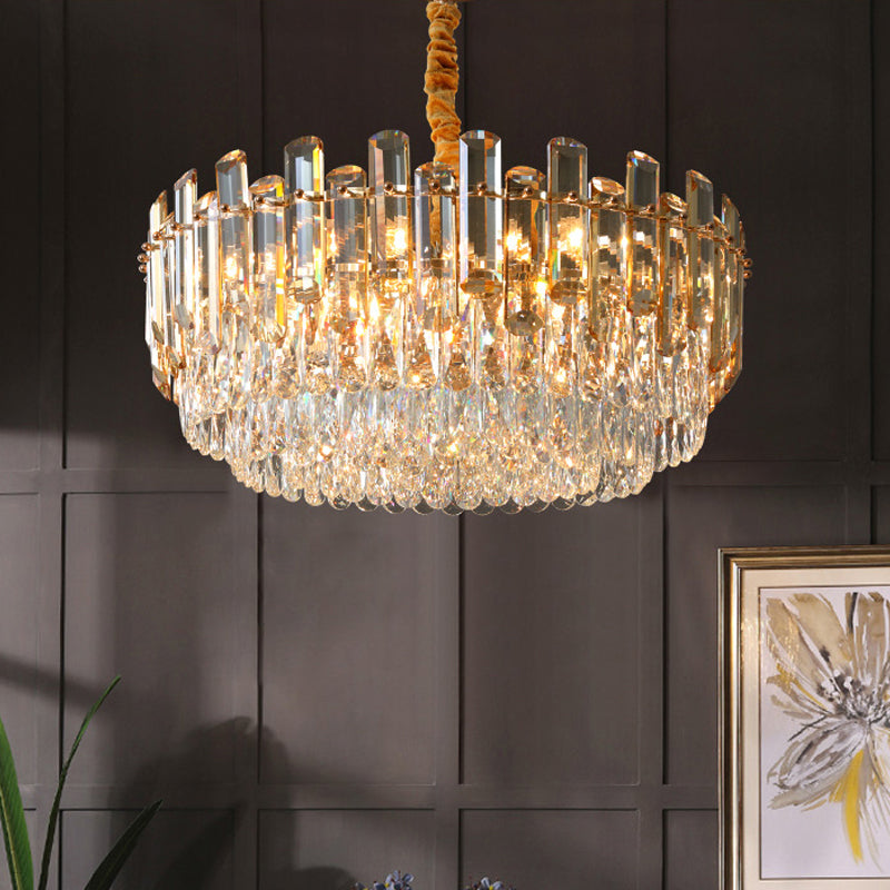 9 Bulbs Round Pendant Chandelier Modern Gold Finish Cut Crystal Suspension Light for Living Room