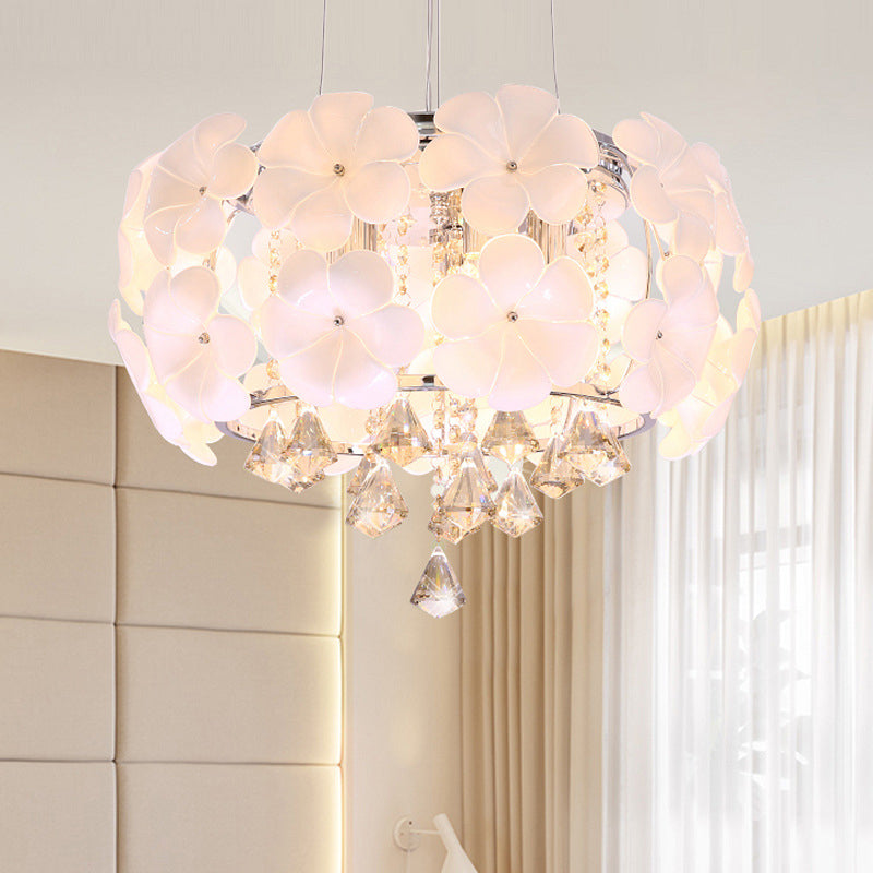 White 5/8 Lights Pendulum Light Modernism Flower Crystal Drum Frame Chandelier Lamp Fixture, 18"/21.5" Wide