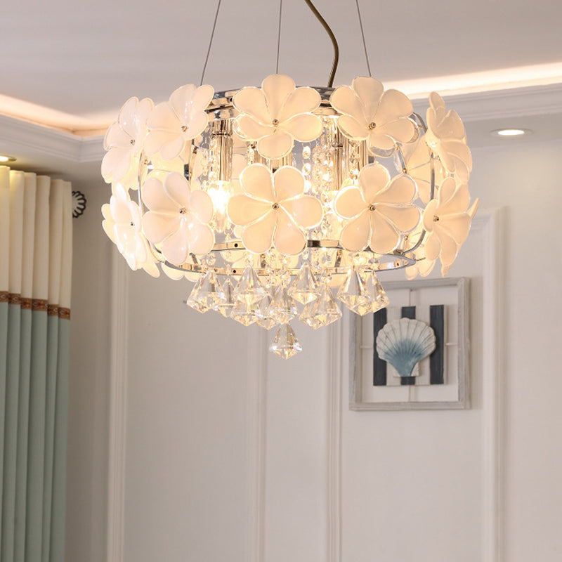 White 5/8 Lights Pendulum Light Modernism Flower Crystal Drum Frame Chandelier Lamp Fixture, 18"/21.5" Wide