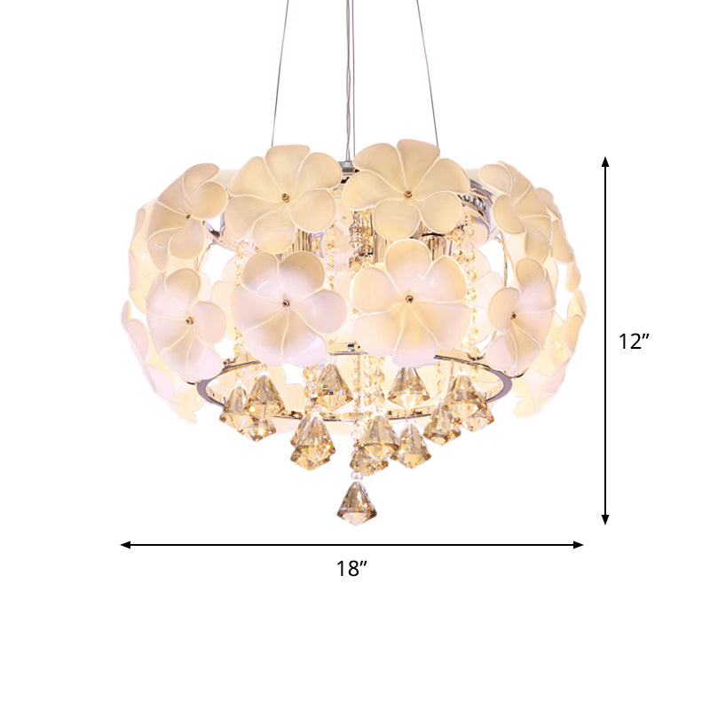 White 5/8 Lights Pendulum Light Modernism Flower Crystal Drum Frame Chandelier Lamp Fixture, 18"/21.5" Wide