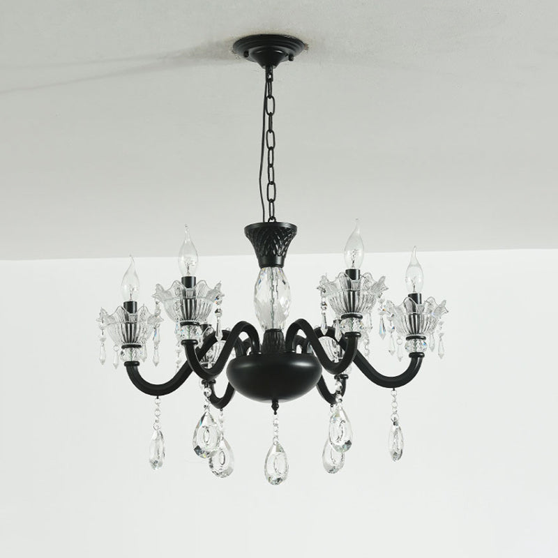 Modernism Curved Arm Suspension Light 6/8-Light Metal Pendant Chandelier in Black with Crystal Droplet