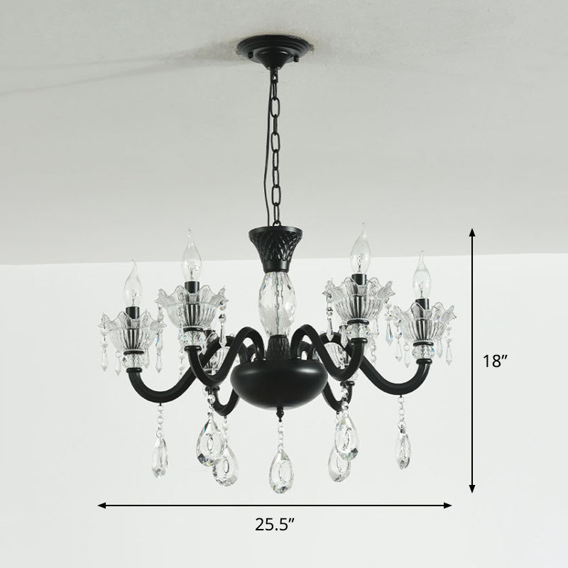 Modernism Curved Arm Suspension Light 6/8-Light Metal Pendant Chandelier in Black with Crystal Droplet