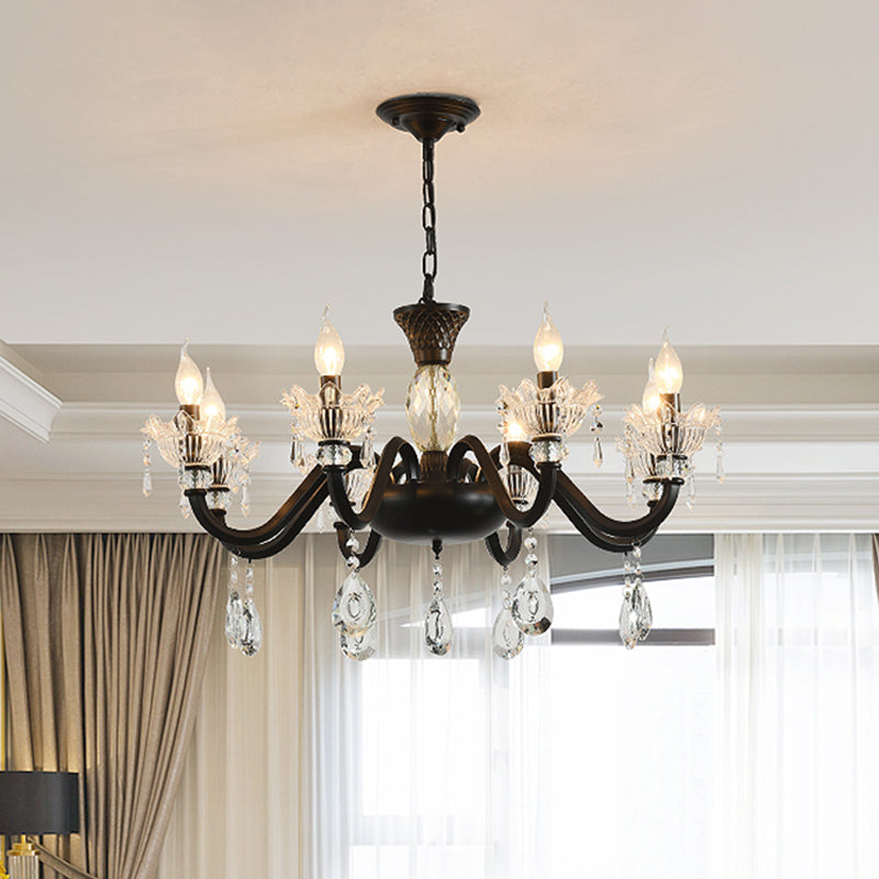 Modernism Curved Arm Suspension Light 6/8-Light Metal Pendant Chandelier in Black with Crystal Droplet