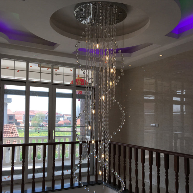 Crystal Bead Chrome Finish Flush Light Fixture Spiral Waterfall 5-Head Stairway Flush Mount Lamp