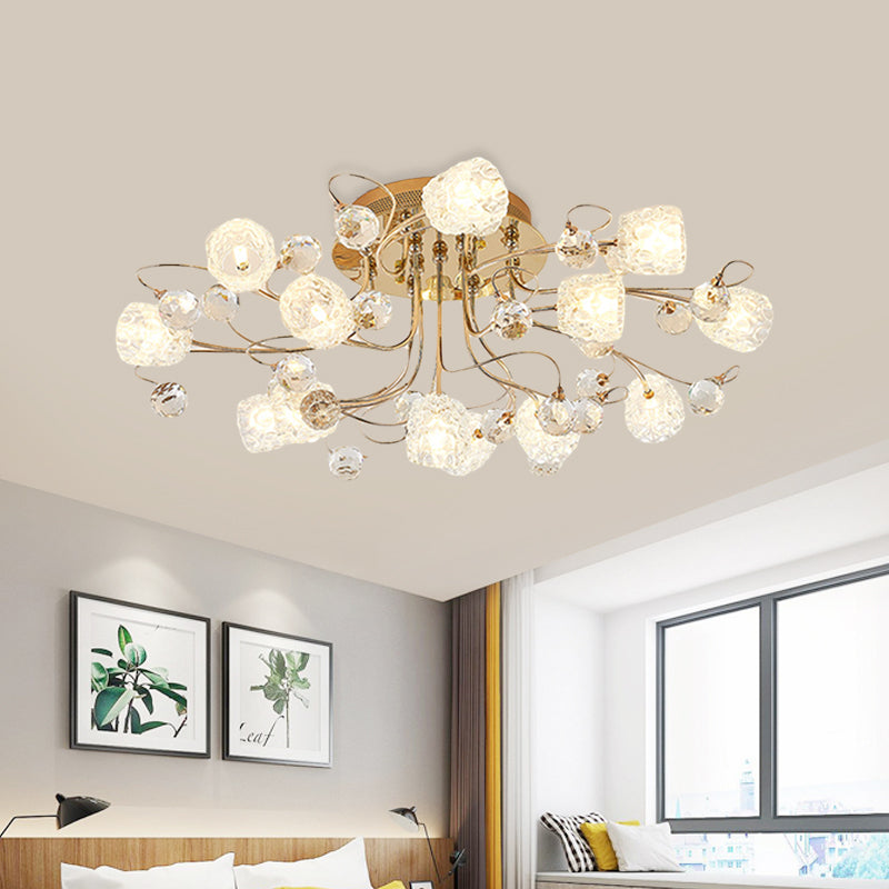 13 Lights Semi Flush Mount Chandelier Modern Flowerbud Bubble Glass Ceiling Lamp in Gold