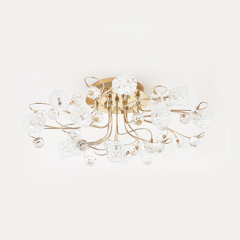 13 Lights Semi Flush Mount Chandelier Modern Flowerbud Bubble Glass Ceiling Lamp in Gold