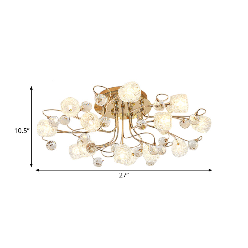 13 Lights Semi Flush Mount Chandelier Modern Flowerbud Bubble Glass Ceiling Lamp in Gold