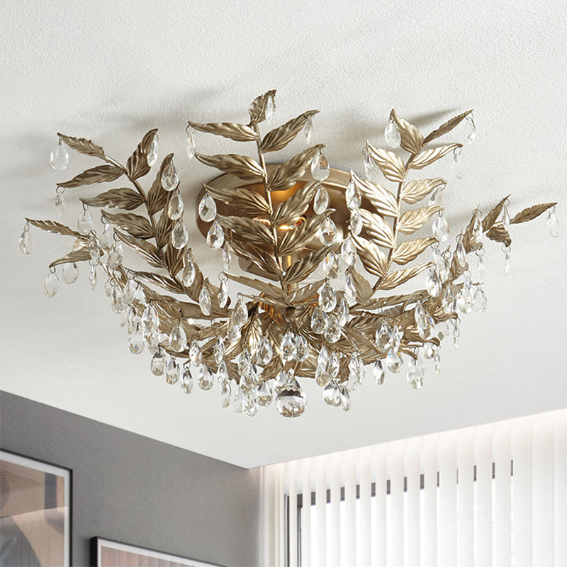 Crystal Orb Gold/Black Semi-Flush Mount Leaf 10 Heads Classic Style Close to Ceiling Light voor slaapkamer