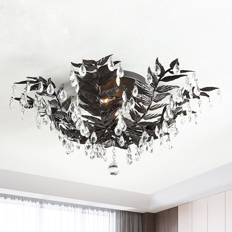 Crystal Orb Gold/Black Semi-Flush Mount Leaf 10 Heads Classic Style Close to Ceiling Light voor slaapkamer
