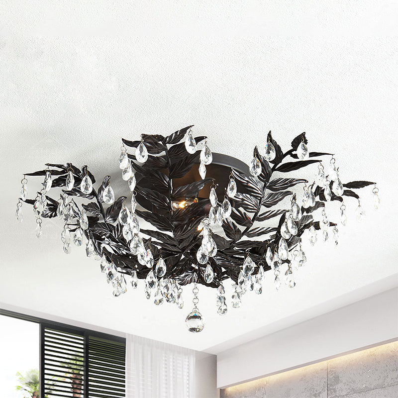 Crystal Orb Gold/Black Semi-Flush Mount Leaf 10 Heads Classic Style Close to Ceiling Light for Bedroom