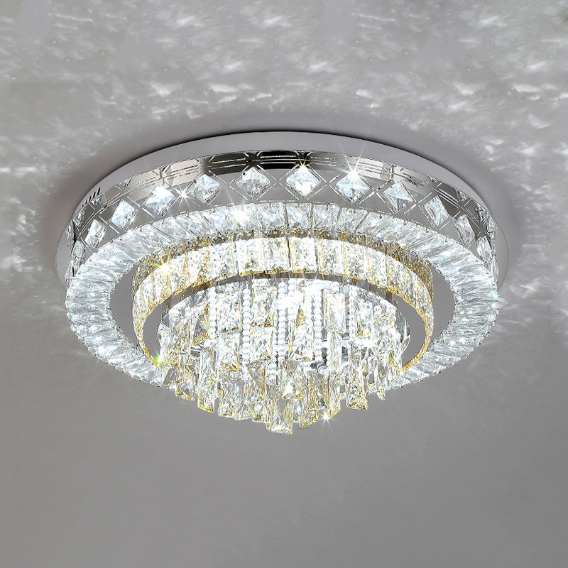 Faceted Cut Crystal Tiers Ceiling Flush Modernist Living Room LED Flush Mount Light in Chrome