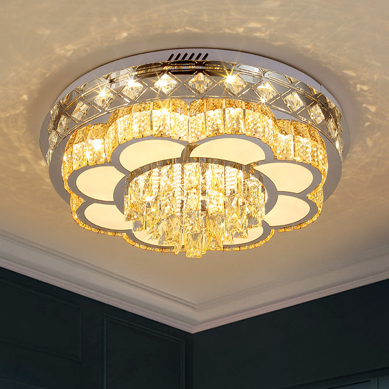 Faceted Cut Crystal Tiers Ceiling Flush Modernist Living Room LED Flush Mount Light in Chrome