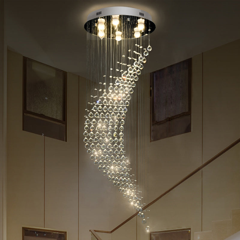 Crystal Draping Chrome Flush Light Crescent Shaped 6 Bulbs Modernist Ceiling Mount Lamp