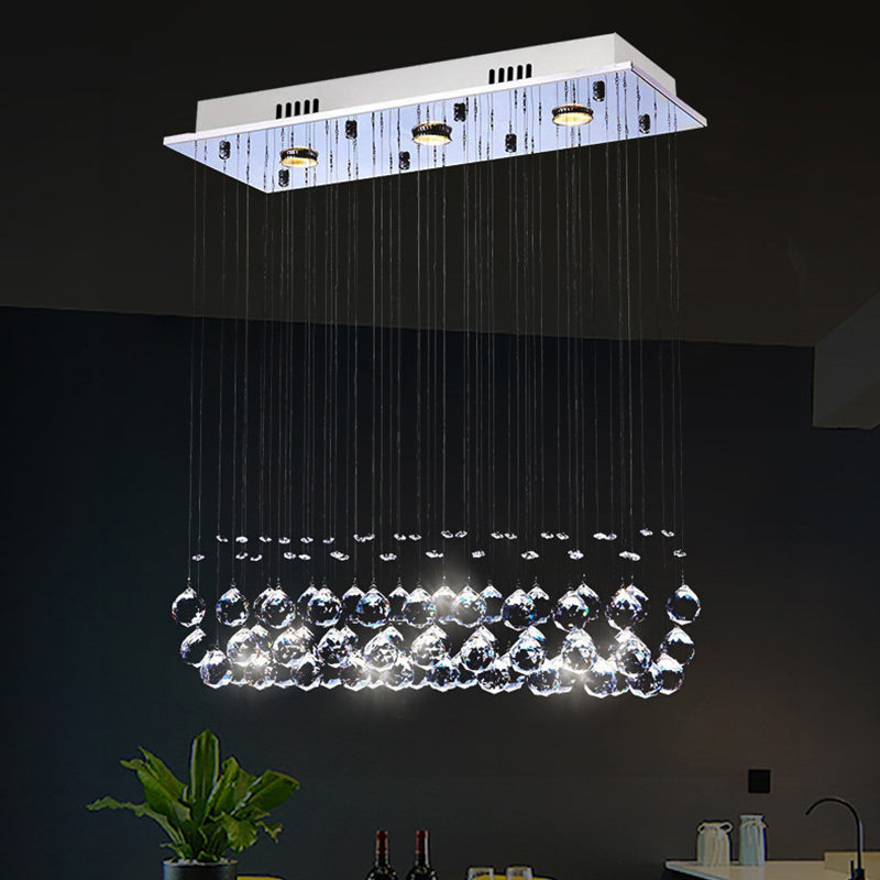 Dangling Crystal Ball LED Flush Light Modern Chrome Rectangular Dining Room Ceiling Mount Lamp