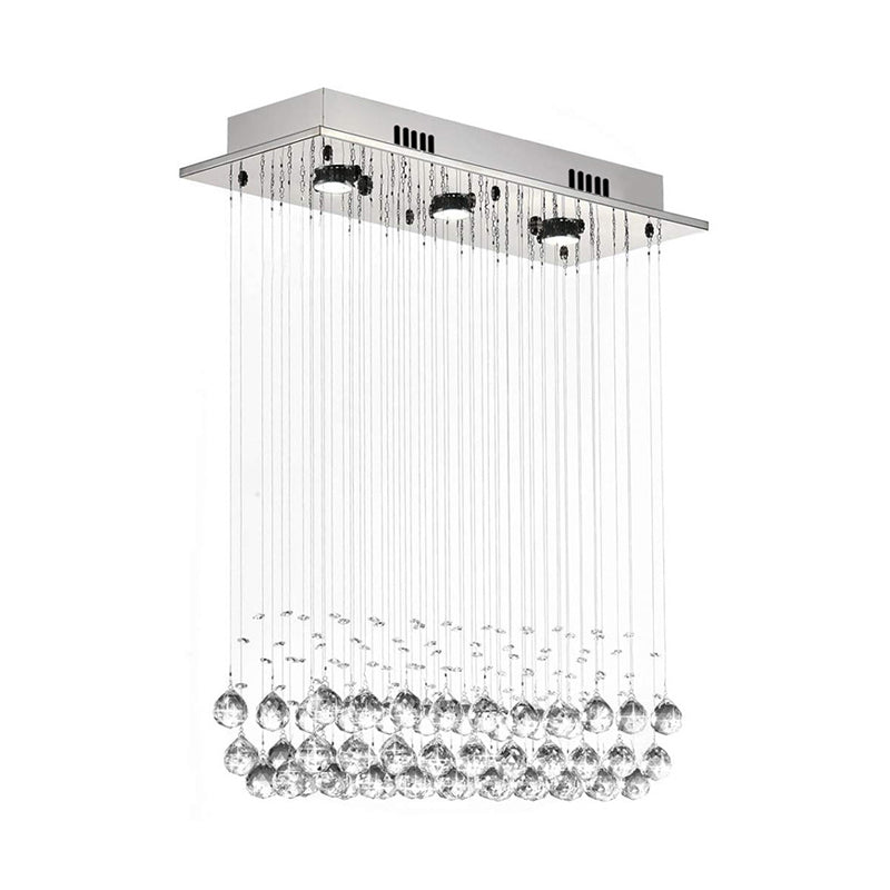 Dangling Crystal Ball LED Flush Light Modern Chrome Rectangular Dining Room Ceiling Mount Lamp